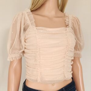 HM H&M SHEER SLEEVES SMOCKED BACK POLKA DOT TOP BLOUSE SMALL NWT